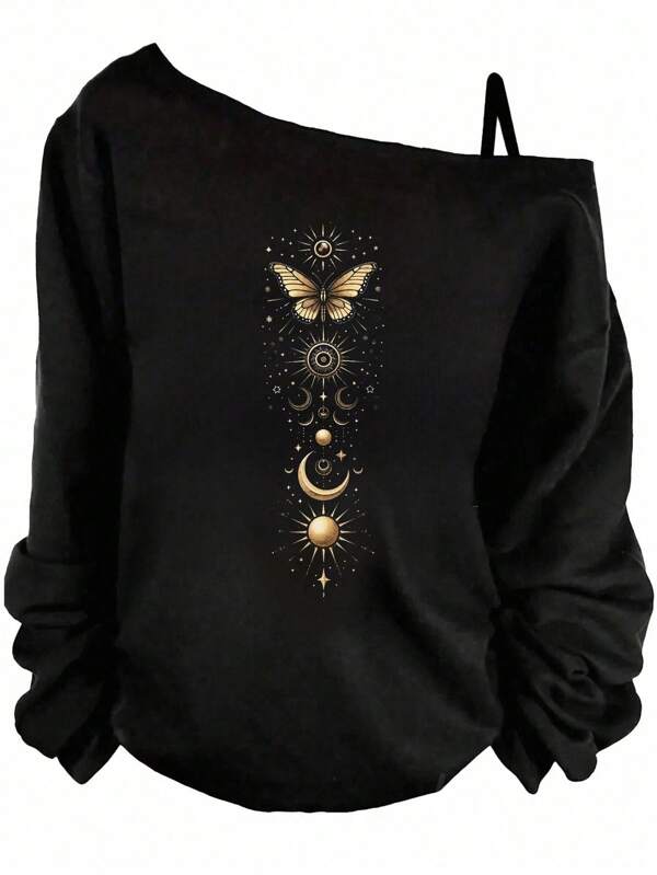 SHEIN Essnce Camiseta asimétrica de manga larga con hombros caídos, casual, negra, con estampado de mariposa dorada y estrella verde para mujer