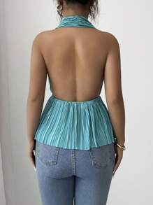 Rafferiza Neck Tie Gathered Waist Casual Commuter Blouse, Spring/Summer - Blue - View 2
