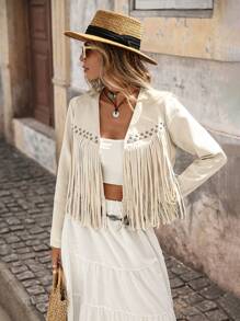 Brillora Women's Solid Color Fringe Trim Open Front Jacket In Fall/Winter