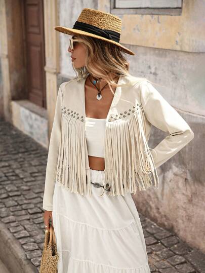 Brillora Chaqueta de mujer de unicolor con flecos en el frente abierto para otoño/invierno