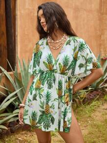 Travachic The White Lotus 大码女式夏季菠萝印花斜领荷叶袖透视罩衫连衣裙 - 彩色 - 查看 2