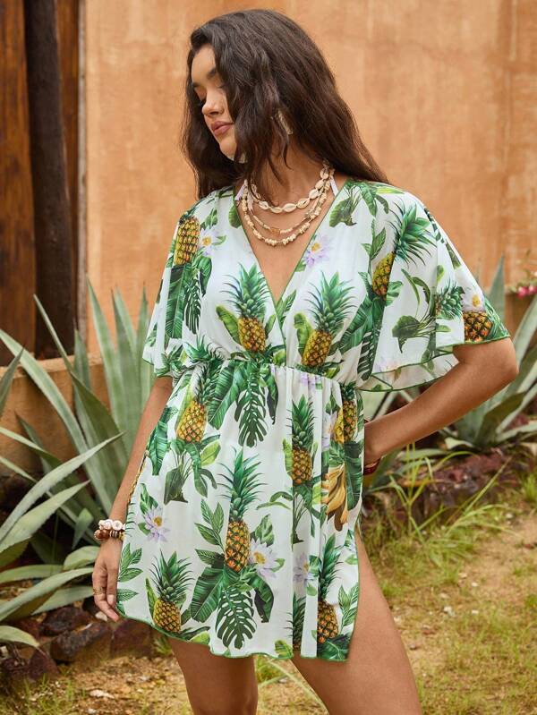 The White Lotus Travachic Vestido de cobertura con cuello de cruce, mangas con volantes y estampado de piña para mujer de talla grande de verano