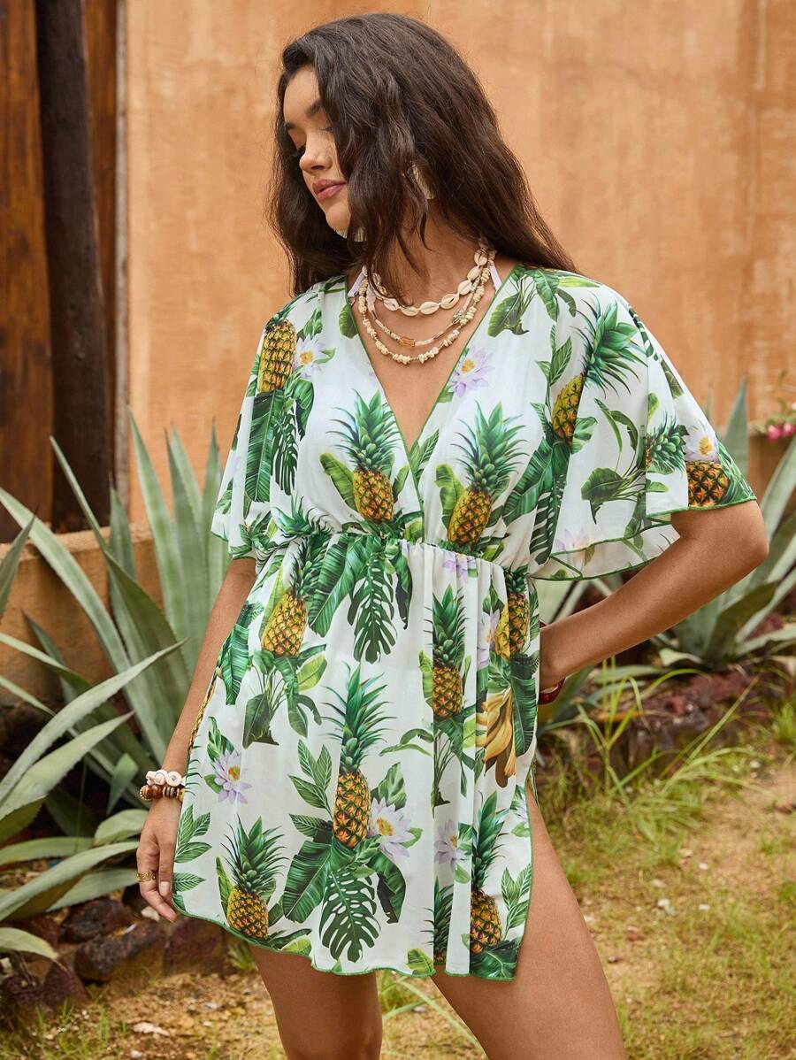 Travachic The White Lotus 大码女式夏季菠萝印花斜领荷叶袖透视罩衫连衣裙