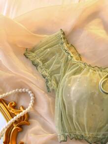 DelicateAllure Frill Trim Tie Front Mesh Lingerie Set  Cozy And Elegant Details - Mint Green - View 6