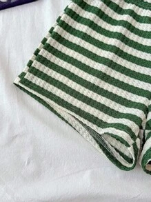 少女 2 件套：条纹圆领吊带背心和短裤休闲套装；拼色不对称领口简约日常连体泳衣，适合暑假、度假、居家、休闲、少女