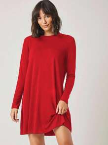 EURMUSE Women Simple Round Neck Long Sleeve Loose Short Casual Dress - Merah - View 3