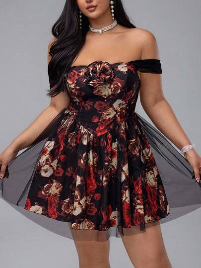 Flirla Plus Size Women Floral Print Off-The-Shoulder Vintage Romantic Princess Style Minimalist Short Dress