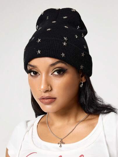 Grunge Punk 1pc Hip Hop Rock Style Star Studded Knit Hat, Punk Black Solid Color Warm Beanie, Fashion Versatile Daily Wear Cap