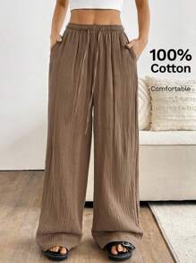 SHEIN EZwear Plus Size Women's Solid Wrinkle Textured Loose Drawstring Waist Tie-Up Wide Leg Casual Loose Fit Palazzo Pants, Summer,Summer Pants Pantalones De Mujer