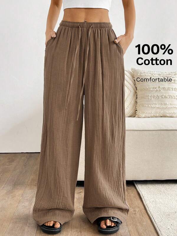 Solflare Plus Size Women's Solid Wrinkle Textured Loose Drawstring Waist Tie-Up Wide Leg Casual Loose Fit Palazzo Pants, Summer,Summer Pants Pantalones De Mujer