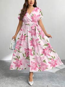 SHEIN PETITE CURVE 大码女式花卉印花荷叶边袖优雅度假连衣裙 - 粉色 - 查看 3