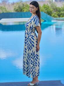 Andrea Bello 女士度假风格沙滩裙，法式优雅喇叭袖交叉褶皱腰抽绳可调节下摆两侧开衩 A 字裙，适合春夏派对、下午茶时间 - 藍白色 - 查看 6