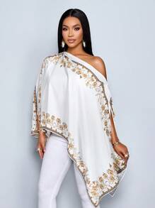 SOLERSUN 女士印花不对称肩部不对称剪裁衬衫秋季衬衫上衣秋冬感恩节返校教师装