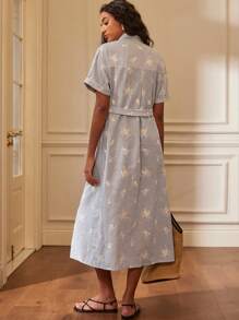 Écloséra Vintage Embroidered Blue Striped Polo Collar Long/Short Sleeve Fit And Flare Dress For Women, Elegant And Simple Design For Summer