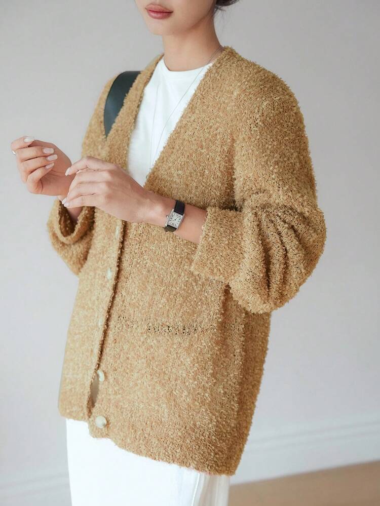 Women's Solid Color Casual Loose Fitting Cardigans, Minimalist Design In Yellow, Autumn/Spring,Fall Women Clothes Jacket