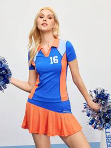 Cheerettes 女式拼色数字印花短袖运动 Polo 衫