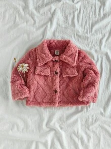 SHEIN Baby Girl Fashionable And Versatile Jacquard Fabric Thickened Plush Jacket, Suitable For Autumn And Winter Daily Wear - Pink - View 3