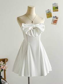 Soleia Women's Vacation White Bow Ruffle Hem Bandeau Mini Dress, Fashionable As Layering Or Standalone Dress, Suitable For Party, Wedding Season, Afternoon Tea Cute For Women Clothes Women Summer Clothing, Back To School, Back To School Season, Little White Dress, Graduation Season, White Dress, White Puffy Dress, Cute Three-Dimensional Bow - White - View 3