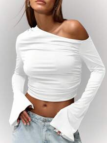 MUSERA 不对称褶皱长袖露脐度假上衣，适合伊比沙岛假日音乐节外出、夜店派对等休闲场合，优雅春夏款 - 白色 - 查看 5