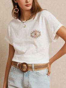 Poéselle 100% Cotton T-Shirt With Symbolic Eye Pattern Emboridery, White Essential, Summer Outfit, Wedding Season Essential, Cottagecore Embroidery Tee, Short Sleeve T-Shirt, Effortless Chic Casual Style - White - View 3