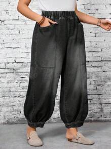 EMERY ROSE Plus Size Casual Loose Fit High Waist Elastic Waist Wide Leg Jeans,Fall Clothes For Women - Black - View 5