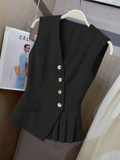 SHEIN Clasi Women's Fashion Commuter Elegant Romantic Valentine's Day Solid Color Pleated Asymmetric Oblique Button V-Neck Vest