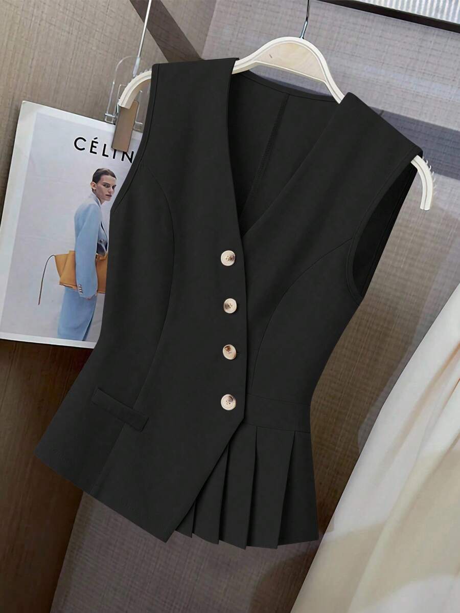 SHEIN Clasi Damen Mode Pendelverkehr Elegant Romantisches Valentinstag Einfarbiges Plissee asymmetrisch schräg Knopf V-Ausschnitt Weste
