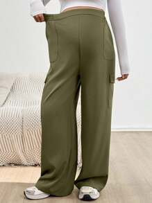 SHEIN Cargo Pants With Pockets, Wide Leg Trousers, Maternity Pants, Army Green - Green - View 8