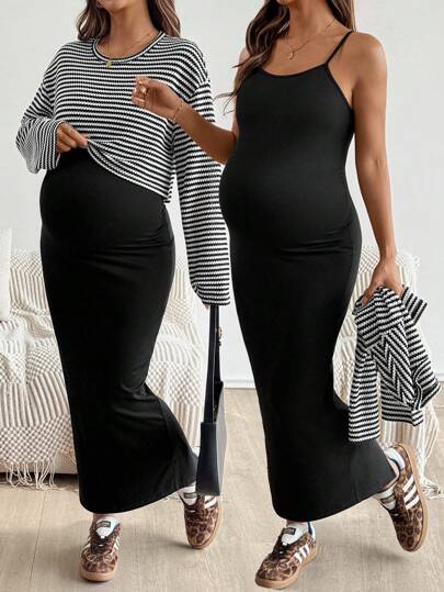SHEIN 2pcs Set: Raglan Sleeve Striped Blouse And Solid Color Bodycon Maternity Outfit, Suitable For Autumn  Fall Women Clothes