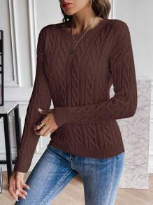 EMERY ROSE 休闲纯色圆领毛衣，秋冬针织套头衫秋季 - 咖啡棕 - 查看 5