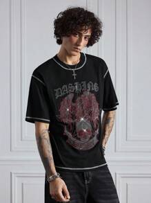 ROMWE MEN Grunge Punk Áo thun nam mùa hè giản dị đường phố tối màu cánh đầu lâu đính đá tương phản chữ - màu đen - Xem 4