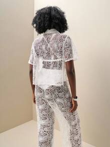 Zolique Solid Color Elastic Waist Fashionable Sexy Lace Trousers Fall Cloth For Women - White - View 7