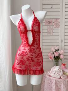 PetitDoll Camisón sexy para mujer con cuello halter de encaje rojo y dobladillo con volantes