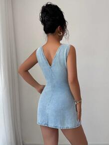 Elenzga Fashion V-Neck Bowknot Washed Denim Dress - Light Wash - View 2