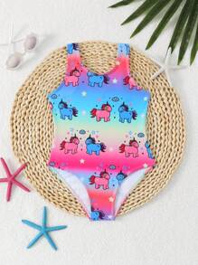 Young Girl Cute Unicorn Gradient One-Piece Swimsuit, Casual Holiday Knitted One-Piece Swimsuit, Suitable For Vacation, Suitable For Summer - Red - View 1