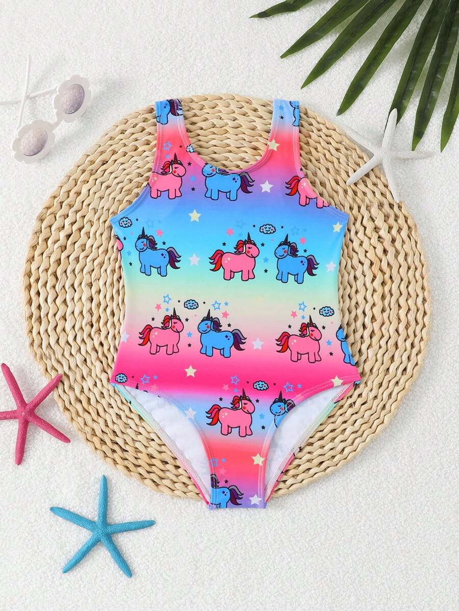 Young Girl Cute Unicorn Gradient One-Piece Swimsuit, Casual Holiday Knitted One-Piece Swimsuit, Suitable For Vacation, Suitable For Summer - Red - View 1
