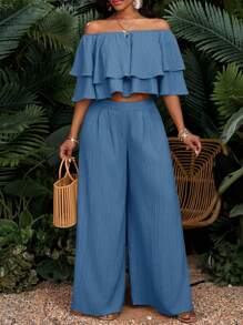 SHEIN Lady Set de 2 piezas para mujer: Blusa de hombros descubiertos con capas y pantalones de pierna ancha en unicolor - Celeste - Ver 3
