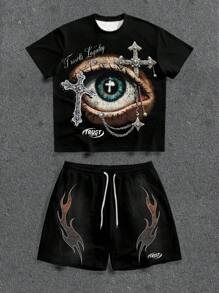 Manfinity ZONE917 Men Gothic Cross & Flame Print Distressed T-Shirt Set - Black - View 1