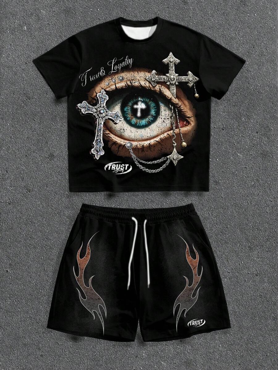 Manfinity ZONE917 Men Gothic Cross & Flame Print Distressed T-Shirt Set - Black - View 1