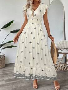 SHEIN LUNE 女式复古风盖袖褶皱腰抽绳荷叶边下摆 A 字长裙，休闲度假优雅春夏 - 彩色 - 查看 3