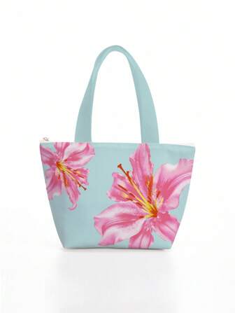 Fairycore Pink Lily Pattern Lunch Bag, Office Worker & Student Lunch Box Tote, Preppy Color Block