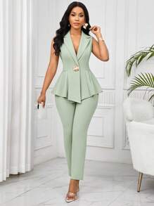 SHEIN Lady Bộ vest blazer không tay, bộ vest công sở eo thon thanh lịch lãng mạn dành cho nữ, trang phục công sở cho nữ vào mùa thu/đông - màu xanh lá - Xem 7
