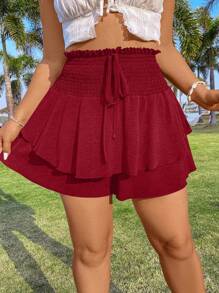 POPSWAY Plus Size Waist Drawstring Double Layer Hem Shorts - Red - View 6