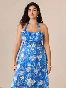 SHEIN MOD Plus Size Women Blue & White Halter Dress,Halter Neck Straps, Sexy Beach Dress,Garden Party Dress,Waist-Hugging Sundress,Suitable For Holiday, Picnic, Beach, Date, Casual Wear,Valentines Clothes,Vacation Outfits Woman,Summer Outfits For Women,Beach Outfits For Wom
