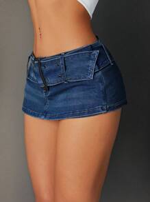 Jeanoix 女士性感低腰迷你牛仔短裤，夏季 - 深色水洗藍 - 查看 5