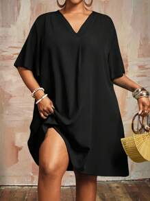 Slaydiva Đầm sơ mi tay ngắn bằng chiffon thanh lịch mới dành cho nữ, kiểu dáng thường ngày/công sở, cổ chữ V, tay bồng dáng rộng, dáng midi, đầm thun cỡ lớn, đầm đi nghỉ mát cỡ lớn, đầm đen cỡ lớn, đầm đen cổ chữ V. - màu đen - Xem 13