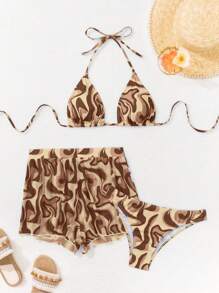 Breezaya 3pcs/Set Random Printed Bikini Swimsuit For Summer Beach Vacation - Brown - View 6