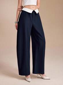 NAJILARAQUELDESIGNS Women White Contrast Collared Waistband Baggy Long Pants, Casual Street Look Wide Leg Pants Business Fall Airport - Navy Blue - View 6