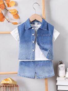 Genkimix Kids Baby Boy 3-Piece Set: White Round Neck Short Sleeve Top, Sleeveless Denim Vest Jacket, And Shorts, Simple Style With Denim Pattern, Fashionable Design, Suitable For Outdoor Play And Casual Home Wear, Creating A Stylish Little Kid