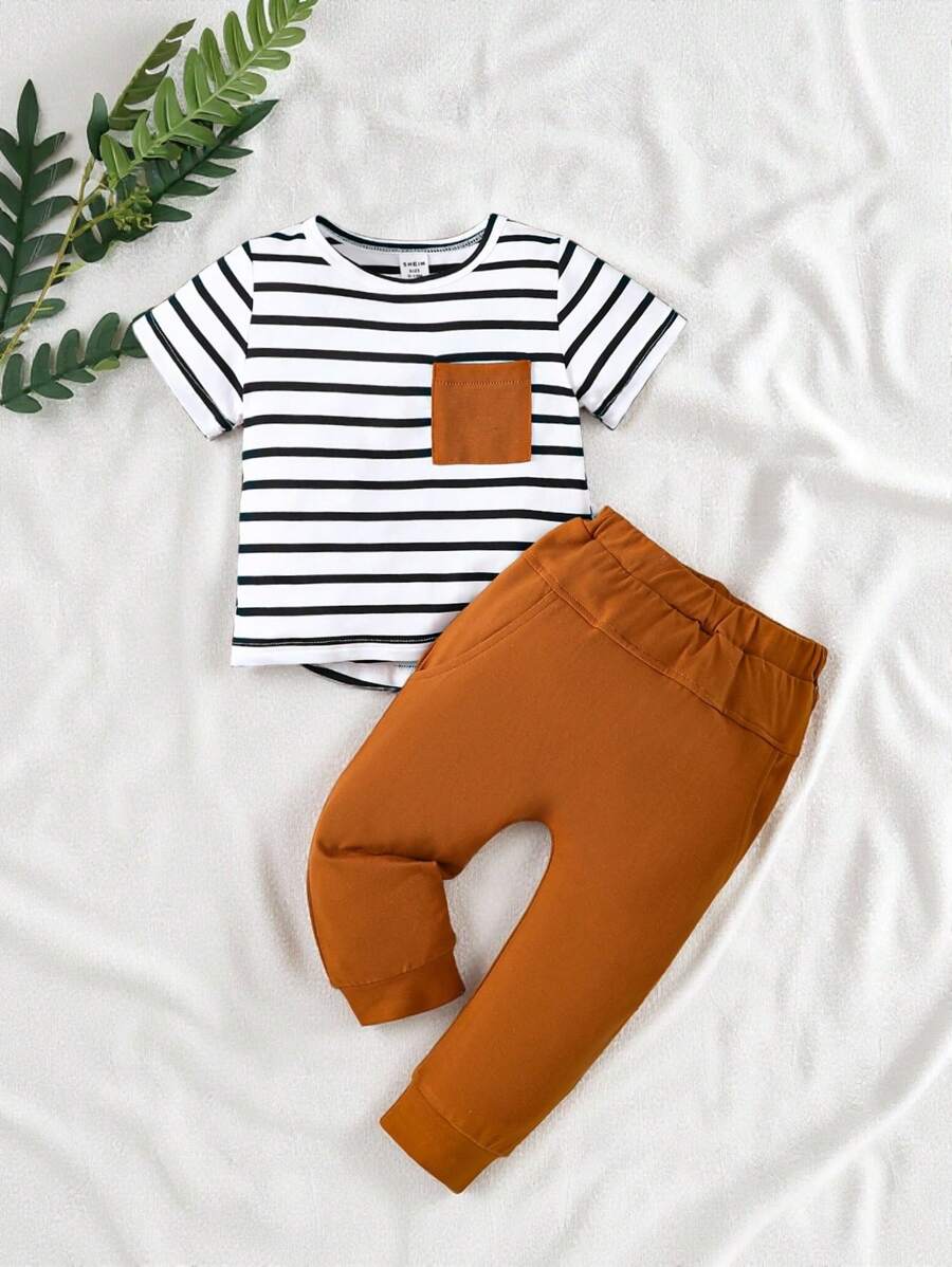 SHEIN Vintaside Kids 寶寶男童休閒條紋面布口袋上衣和褲裝,日常穿著合適